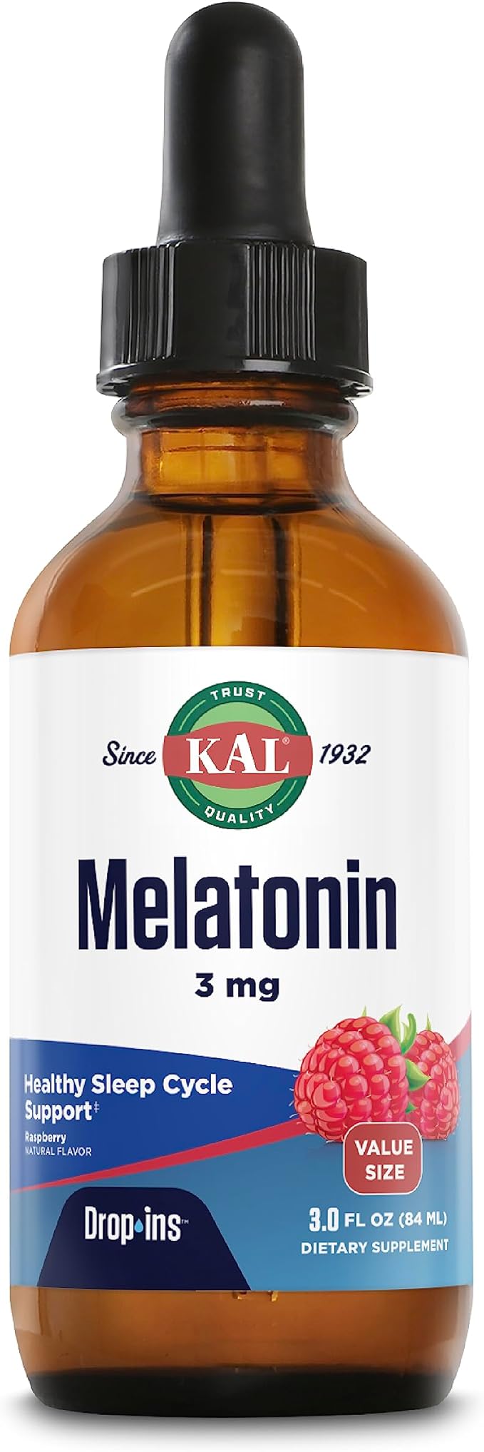 KAL Melatonin 3mg DropIns Fast Acting Sleep Aid Melatonin Drops for Calming Relaxation and Healthy Sleep Cycle Support Natural Raspberry Flavor 60 Day Guarantee Approx. 88 Servings 3 fl oz