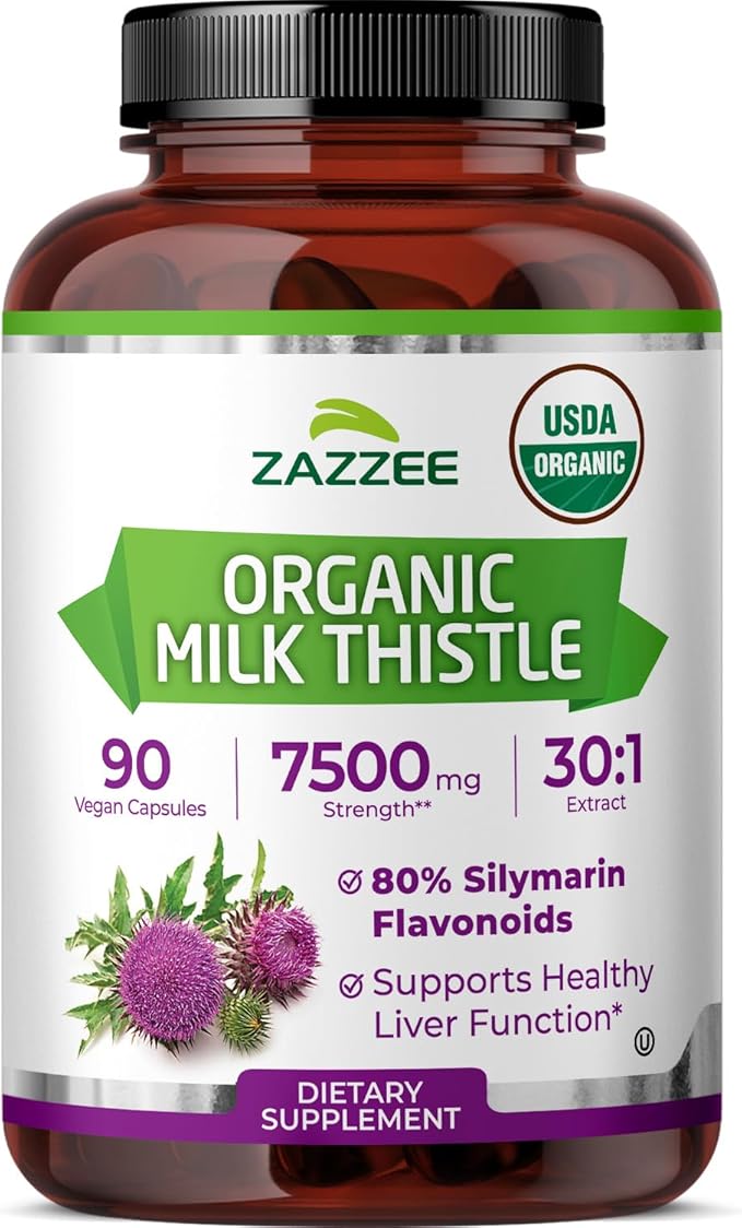 Zazzee USDA Organic Milk Thistle 30:1 Extract 80% Silymarin 90 Vegan Capsules 3 Month Supply Certified Kosher High Potency Liver &amp Antioxidant Support Silybum Marianum Non-GMO Made in the