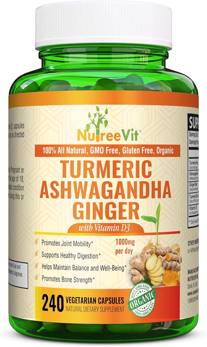 NutreeVit Organic Turmeric with Ashwagandha &amp Ginger - 240 Capsules | Ashwagandha Root &amp Turmeric Supplement with Vitamin D3 | Herbal Supplement for General Wellness