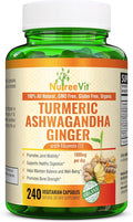 NutreeVit Organic Turmeric with Ashwagandha &amp Ginger - 240 Capsules | Ashwagandha Root &amp Turmeric Supplement with Vitamin D3 | Herbal Supplement for General Wellness