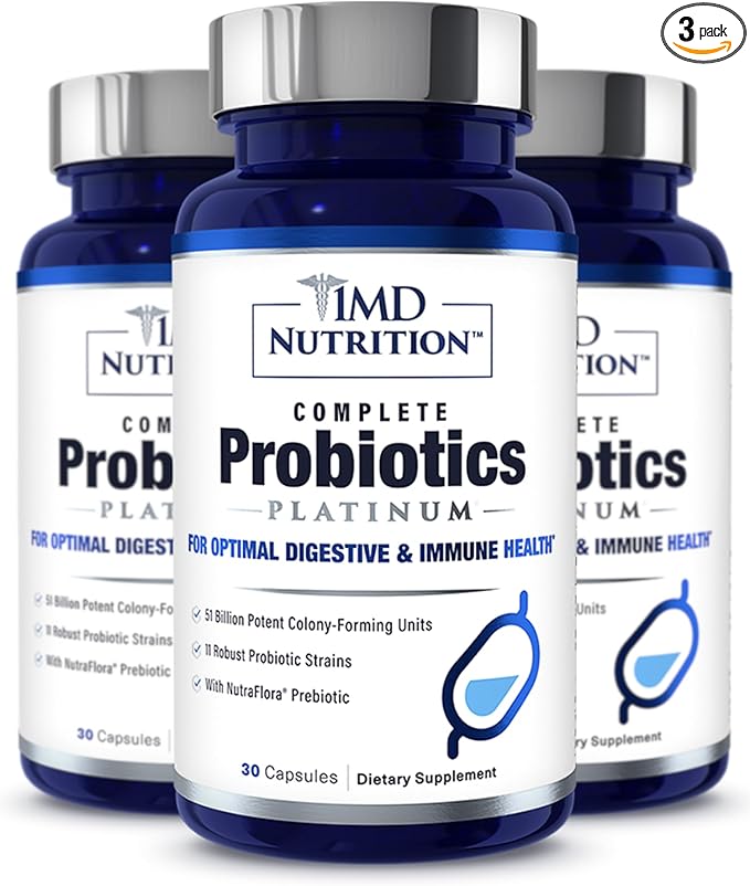 1MD Complete Probiotics Platinum | Supports Digestive Health | with Nourishing Prebiotics 51 Billion Live CFU 11 Strains Dairy-Free | 30 Vegetable Capsules (3-Pack)