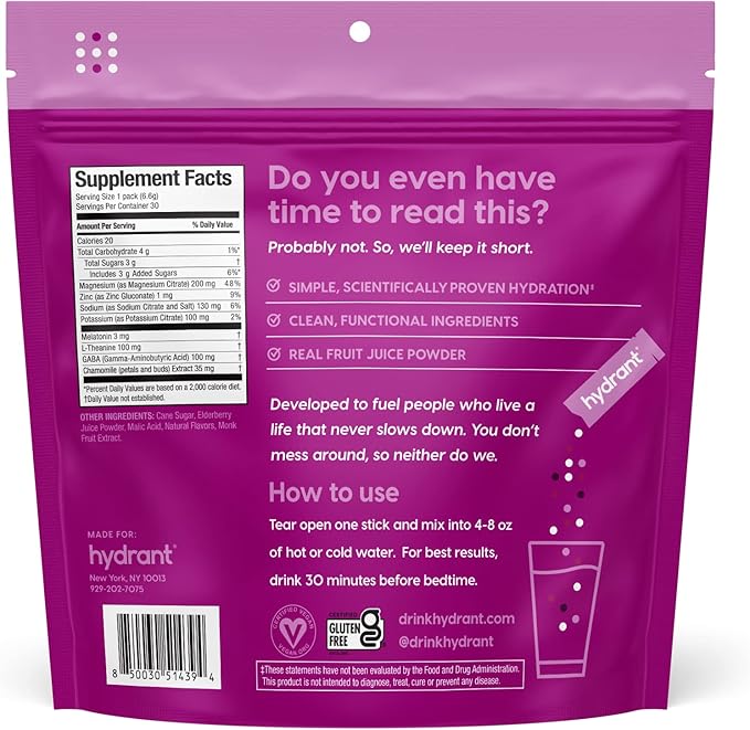 Hydrant - Sleep Electrolyte Powder Elderberry Flavor 30 Rapid Hydration Individual Stick Packs - Sleep Blend of Melatonin L-Theanine Magnesium &amp Chamomile