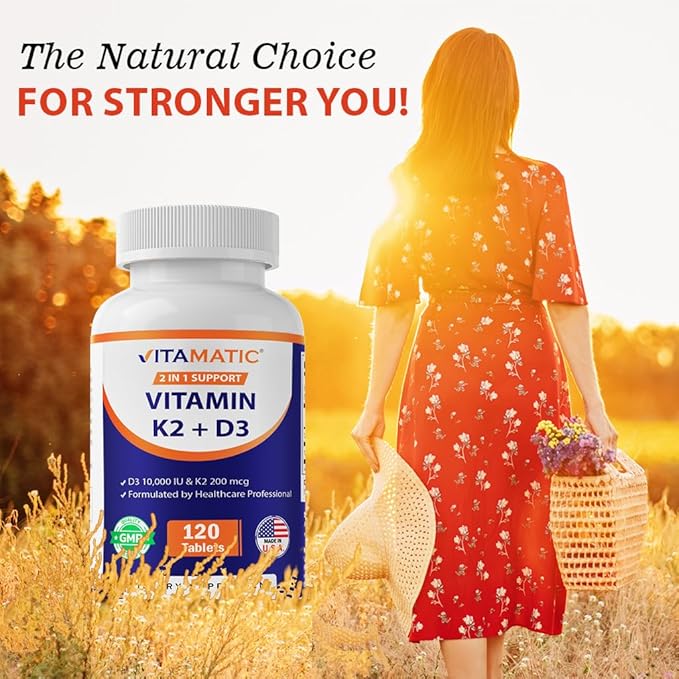 Vitamatic Vitamin D3 K2 Supplements with 10000 IU Vitamin D + 200mcg Vitamin K MK-7 120 Tablets Bone Heart Immune &amp Calcium Support - 2 Pack