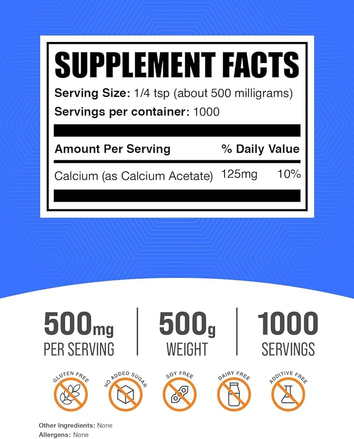 BulkSupplements.com Calcium Acetate Powder - Calcium Supplement Food Grade - Pure &amp Gluten Free 500mg per Serving 500g (1.1 lbs) (Pack of 1)