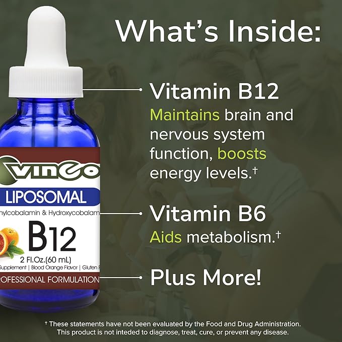 Vinco Inc – Liposomal Vitamin B12 Energy Support Daily Supplement | 60 ml (60 Servings) | Supports Energy Metabolism &amp Nervous System Health | Gluten Free &amp Vegetarian