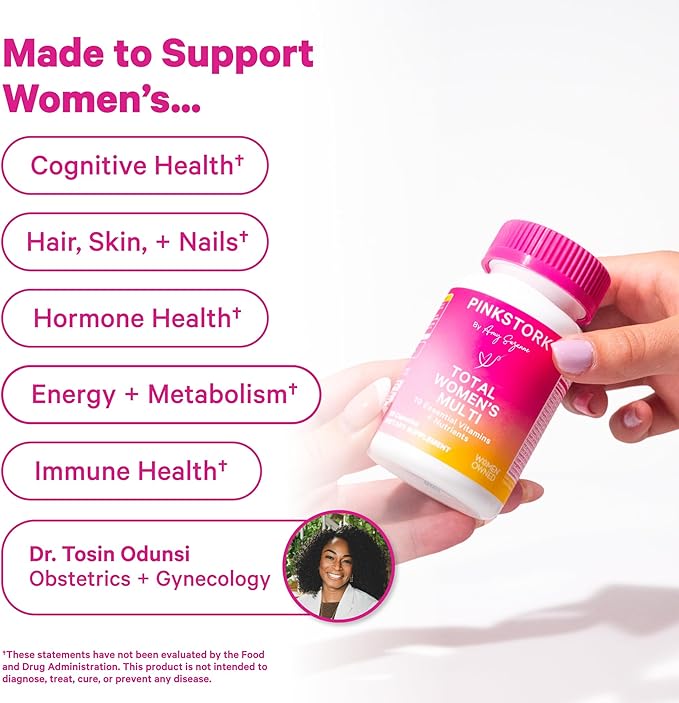 Pink Stork Total Women's Multivitamin - 19 Essential Vitamins for Women &amp Nutrients – Energy Metabolism Hormone Immune &amp Mood Support – B6 B12 Biotin Iron &amp Zinc – 30 Capsules