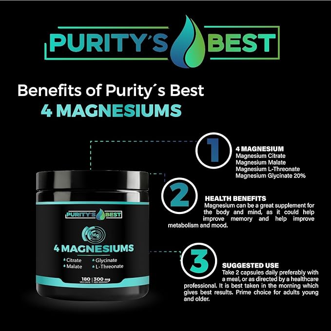 Purity's Best 4 MAGNESIUMS Premium Magnesium Glycinate Malate L-Threonate Citrate 300mg 180 Veggie Capsules Third Party Tested 3 Months’ Supply Muscle Energy Nerve and Cognition Support