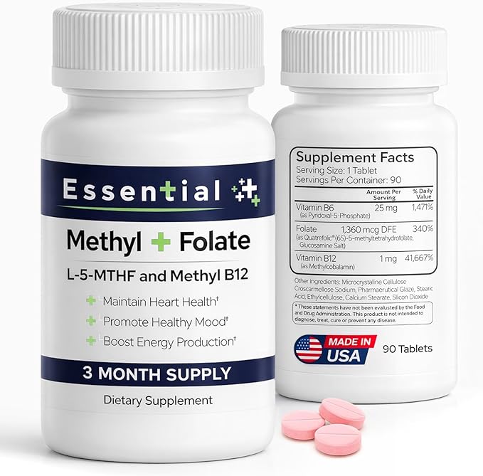 Pure L-Methylfolate Tablets with 5-MTHF 90 Tablets Methyl Folate B12 and Vitamin B6 for Heart Health Maternal Health Healthy Mood &amp Energy with 1360 mcg L Methylfolate Supplement for Men and W