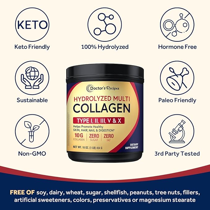 Doctor's Recipes Multi Collagen Peptides Powder for Women &amp Men Grass-Fed Bovine Hydrolyzed Protein Type I II III V X for Skin Hair Nails Unflavored Easy to Dissolve Paleo &amp Keto 16oz