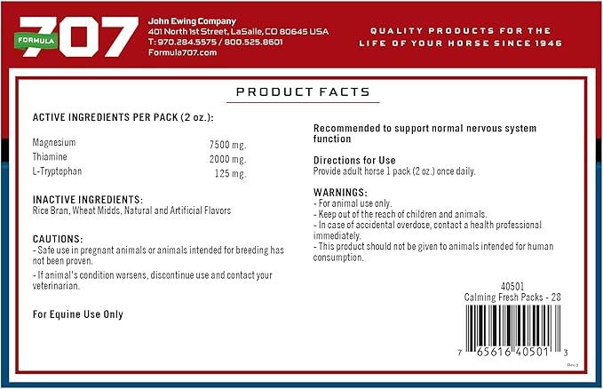 Formula 707 Calming Equine Supplement Daily Fresh Packs – Enhanced Focus for Horses – L-Tryptophan Thiamine &amp Magnesium