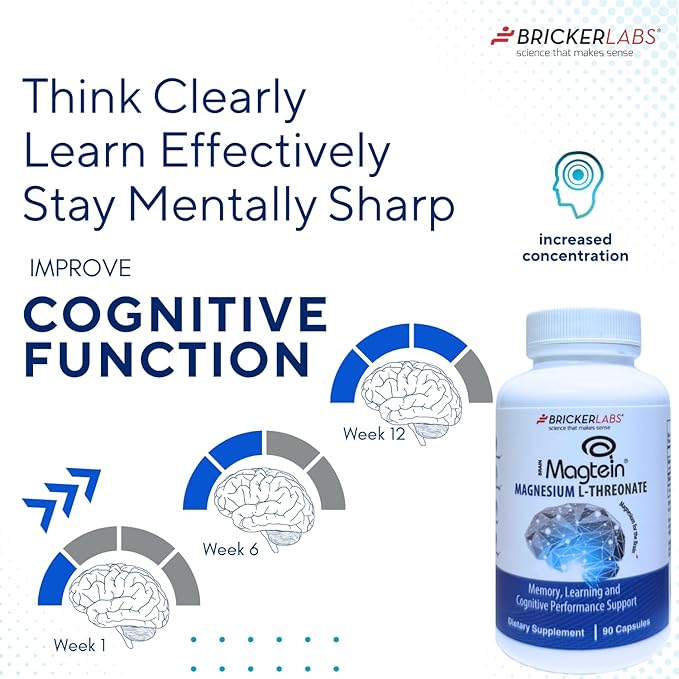 Bricker Labs Magtein® Magnesium L-Threonate Supplement – Brain Health Memory Focus Learning &amp Cognitive Function Support – 90 Capsules 30 Servings