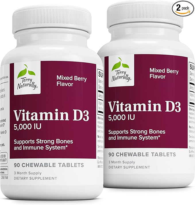 Terry Naturally Vitamin D3 - Bone Health &amp Bone Strength Support Supplement - Immune System &amp Brain Support - 5000 IU Vitamin D Tablets with Mixed Berry Flavor - 90 Chewable Tablets (Pack of