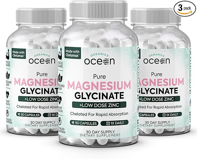 Organics Ocean Pure Magnesium Glycinate with Zinc - Maximum Strength Chelated Magnesium Supplement for Women and Men for Muscle Cramps and Sleep Support - 3 Bottles