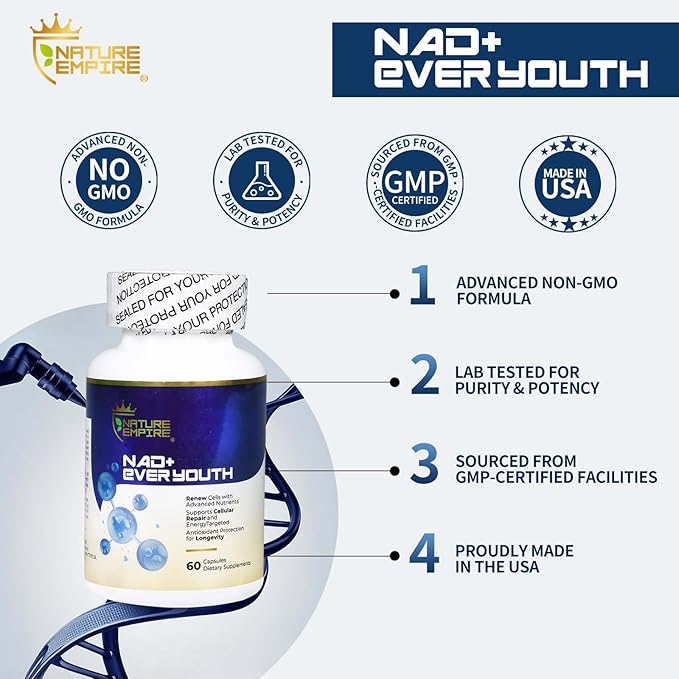 Nature Empire NAD+ Ever Youth – Cellular Renewal Supplement with L-ErgothioneineNicotinamide Riboside (NR) &amp NAD+ Antioxidant Support for Energy &amp Aging Health 60 Vegan Capsules