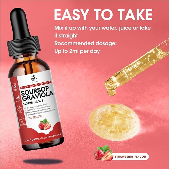 iMATCHME Soursop Graviola Liquid Drop for Cell Support &amp Regeneration Immune System and Gut Health Support Soursop Bitters Liquid Herbal Goodness Sugar/Gluten Free Strawberry Flavor 2 Fl Oz