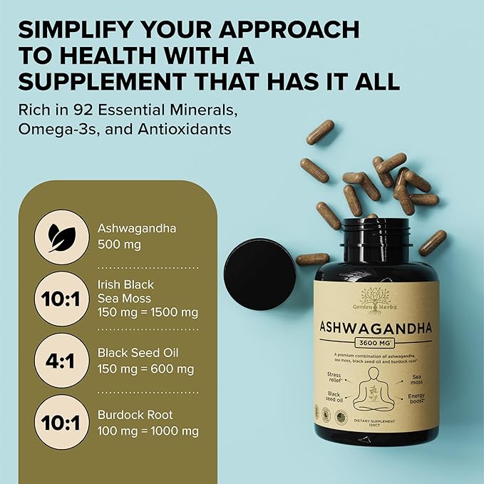 Organic Ashwagandha Root &amp Irish Sea Moss Capsules 3600 mg with Black Seed Oil &amp Burdock Root – Stress Mood Energy &amp Sleep Support Supplement for Women and Men – Vegan Non-GMO 120 Cap