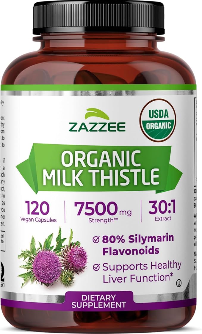 Zazzee USDA Organic Milk Thistle 30:1 Extract 80% Silymarin 120 Vegan Capsules 4 Month Supply Certified Kosher High Potency Liver &amp Antioxidant Support Silybum Marianum Non-GMO Made in the