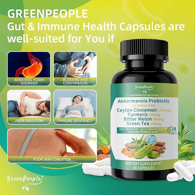 GREENPEOPLE Akkermansia Probiotics 15B CFU for Gut Function 120CT Probiotics Supplement with Ceylon Cinnamon Turmeric | Digestive Health &amp Metabolic Support | Women &amp Man | Vegan &amp Glute