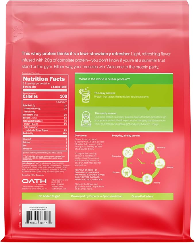 Oath Nutrition Clear Whey Isolate Protein Powder Kiwi Strawberry 20g Complete Protein per Serving No Added Sugar Grass-Fed 21 Servings