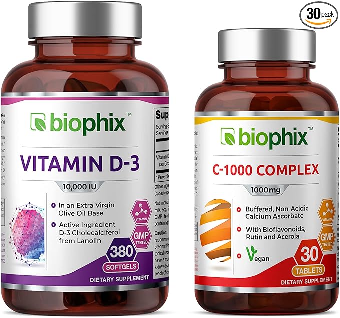 biophix Vitamin D-3 10000 IU 380 Softgels - Free Vitamin C-1000 30 Tablets -High-Potency in Extra Virgin Olive Oil Non-GMO Soy-Free Supports Strong Bones Immune Health