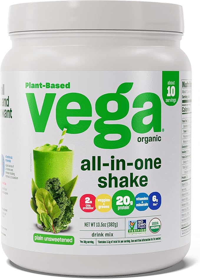 Vega Organic All-in-One Vegan Protein Powder Plain Unsweetened - Superfood Ingredients Vitamins for Immunity Support Keto Friendly Pea Protein for Women &amp Men 13.5 oz (Packaging May Vary)