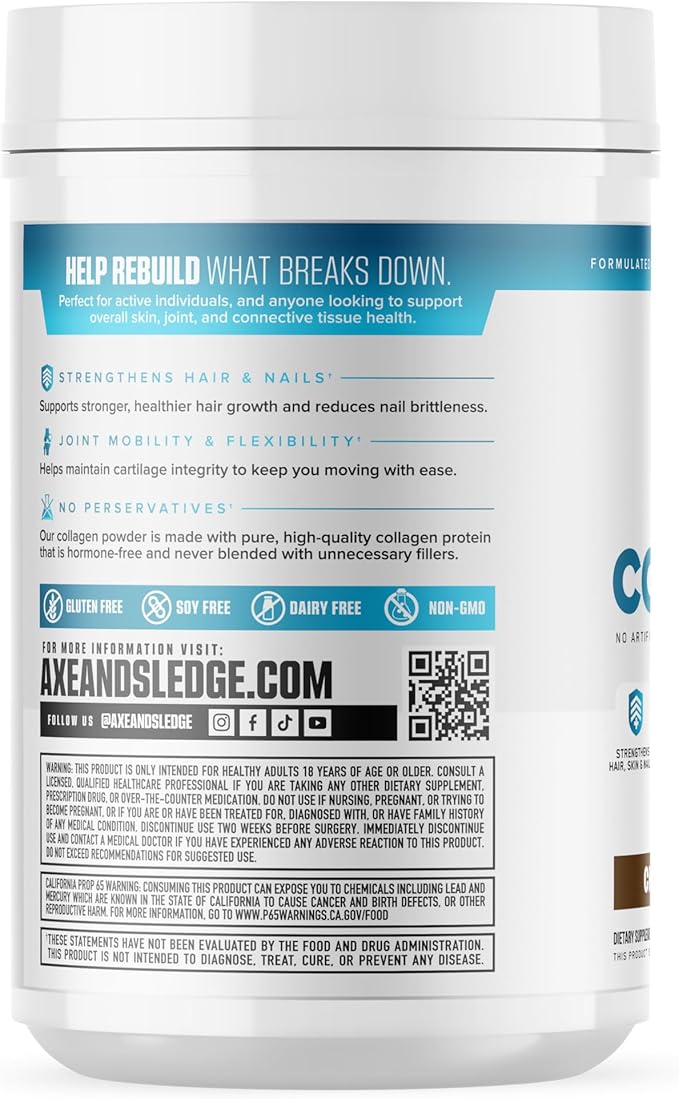 Axe &amp Sledge Pure Hydrolyzed Collagen Powder Gluten Free Keto and Paleo Friendly Grass Fed Chocolate Non GMO 1.46 Lbs