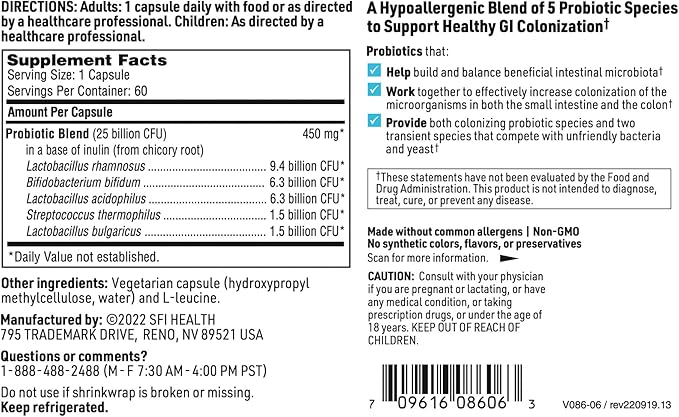 Klaire Labs SFI Health Pro-5 Probiotic - 25 Billion CFU High Dose Multispecies Gut Recolonization Support for Men &amp Women Hypoallergenic &amp Dairy-Free (60 Capsules 2 Pack)