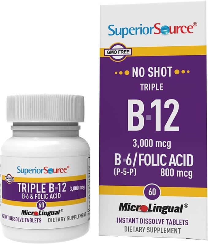 Superior Source NO Shot Triple B-12 3000 mcg B-6 Folic Acid 800 mcg - Formula Supports Heart Health &amp Energy - Health Supplement with Folic Acid &amp Methylcobalamin - 60 Instant Dissolve Tablet