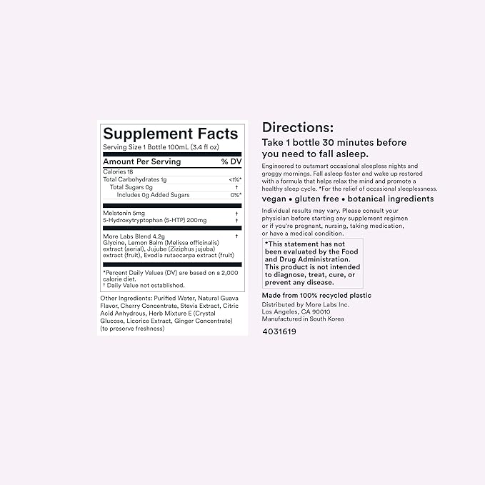 More Labs Dream Well 5MG Melatonin Holistic Sleep Drink Solution Non-Habit Forming with 5HTP Lemon Balm Jujube Seed Glycine (Pack of 12)