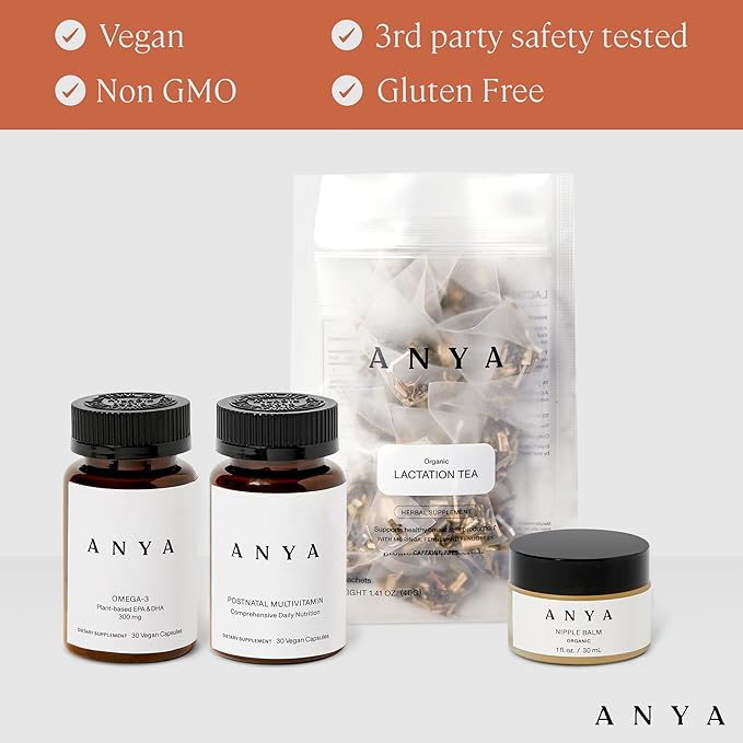 ANYA New Mom Breastfeeding Essentials Kit for Postpartum Recovery | Baby Registry Gift Set | Wellness Care Package with Postnatal Multivitamin Omega-3 Organic Lactation Tea &amp Organic Nipple Balm