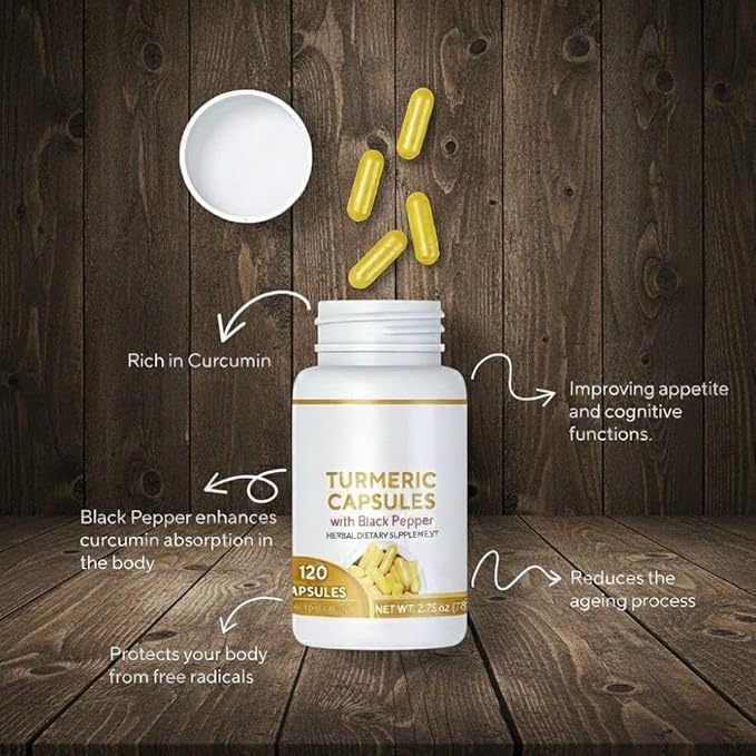 Turmeric Capsules (Haldi with Black Pepper) 120 Veg Capsules Curcumin Supplement 650 mg Each. Joint Support Health and Also Supports in Building a Healthy Immune Support.