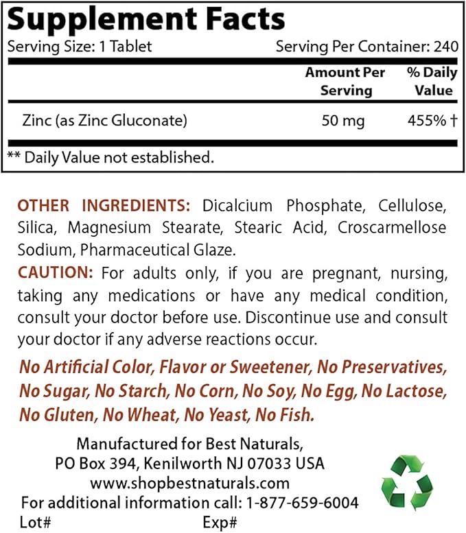 Best Naturals Bee Pollen Complex 1000 mg &amp Zinc Gluconate 50mg