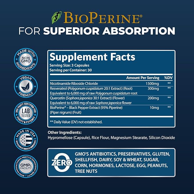 2010 MG NAD+ Supplement- Nicotinamide Riboside Resveratrol Quercetin &amp BioPerine® (High Absorption)- Natural NAD Booster for Anti-Aging Cellular Energy Skin- For Women &amp Men- 90 V Capsules