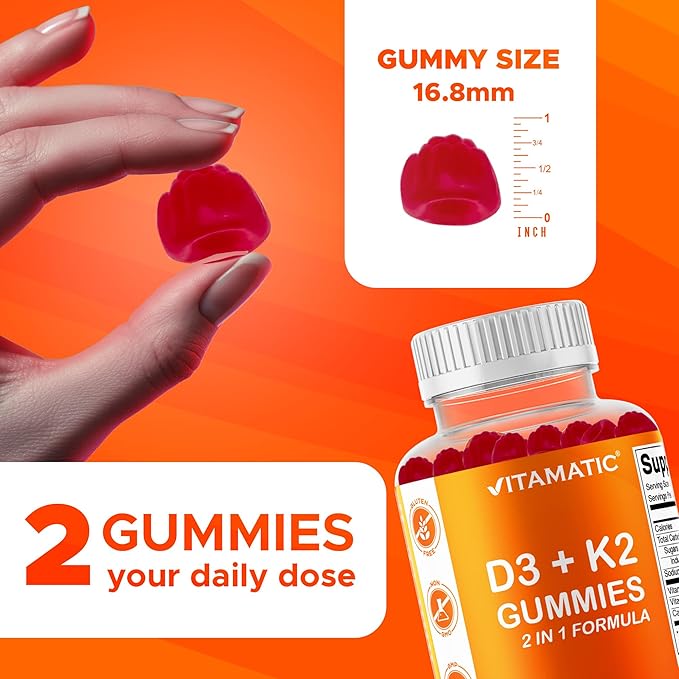 Vitamatic Vitamin D3 &amp K2 Gummies (2-Pack 60 Count) Supports Healthy Bones Heart Health Calcium Absorption and Immune Function Plant-Based Non-GMO Gluten-Free