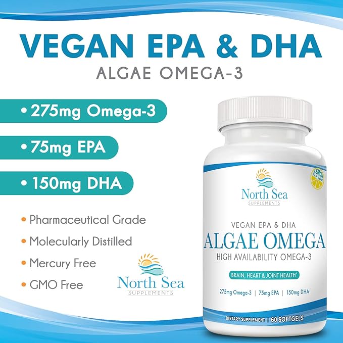 Vegan Algae Omega-3 60 Softgels - Plant Based Alternative to Fish Oil - Supports Heart Brain Joint Health - Sustainably Sourced Omega-3 from Algae - DHA &amp EPA Fatty Acids