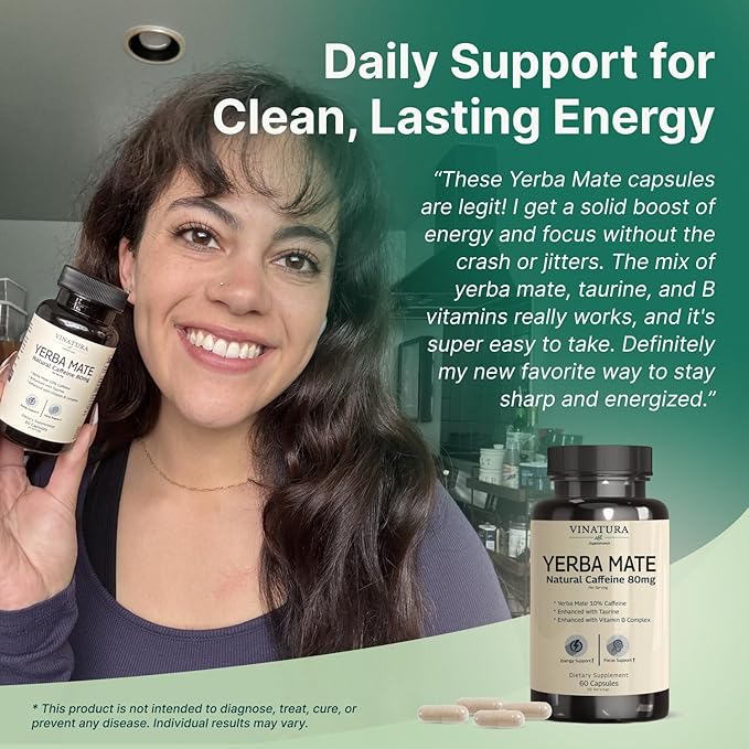 Yerba Mate 1400mg - Magic Natural Caffeine &amp Energy Supplements *USA Made &amp Tested* High Potency Enhanced with Taurine and Vitamin B Complex - 60 Capsules