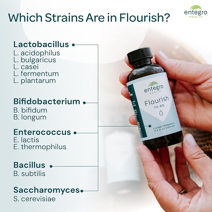 ENTEGRO Flourish to Go Liquid Probiotic &amp Postbiotic Supplement | 11 Live Cultures | Gut &amp Digestive Health for Women Men &amp Kids | Organic Vegan Allergen Free | USA Made | 4 x 3.4 fl oz