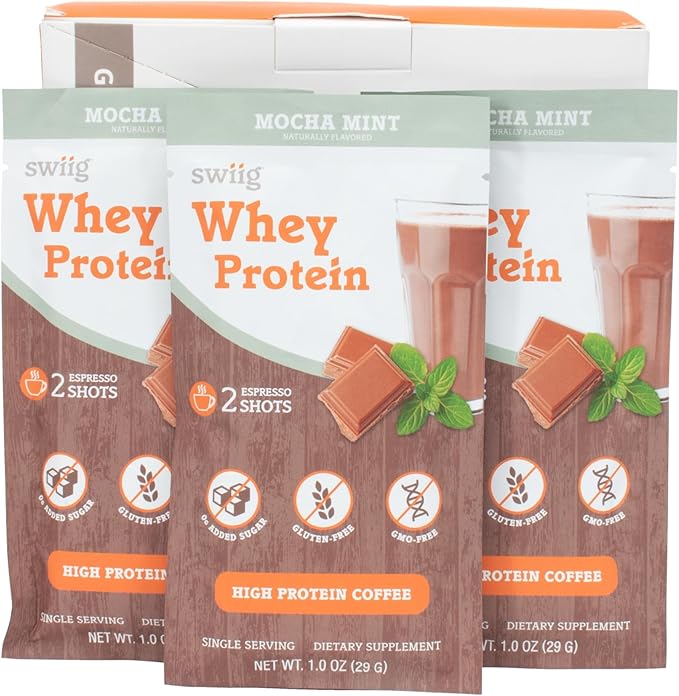 swiig Single Serve Whey Coffee Mocha Mint 10pk – Premium Daily Whey Protein 20g Gluten Free GMO Free No Fillers No Artificial Flavors