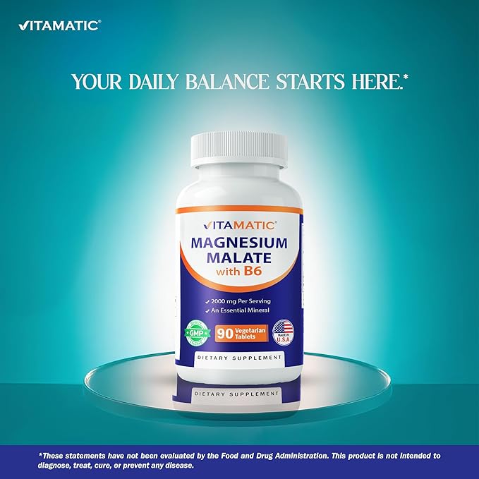 Vitamatic Magnesium Malate 2000mg per Serving - 90 Vegetarian Tablets - Added B6 for Maximum Absorption - Supports Muscle Joint and Heart Health* (3 Bottles Unflavored)