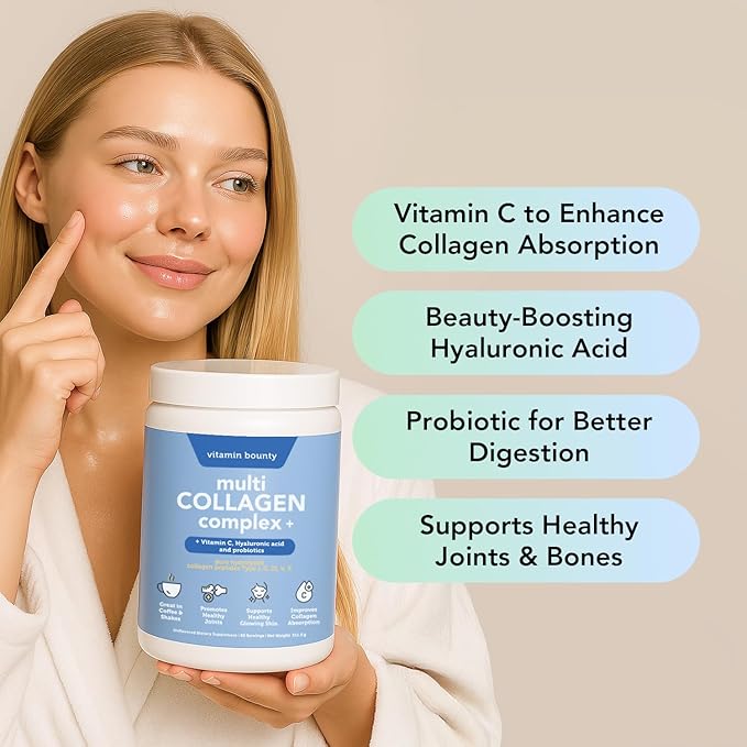 Vitamin Bounty Multi Collagen Peptides Powder for Men &amp Women (Complex Plus) - 5 Types Hydrolyzed Collagen Protein - Probiotics Vitamin C &amp Hyaluronic Acid - Grass Fed Bovine Supplements 50
