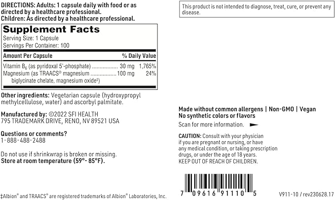 Klaire Labs SFI Health P-5-P Plus Magnesium - 30 Milligrams of Bioactive Vitamin B6 Pyridoxal-5-Phosphate with TRAACS Magnesium Hypoallergenic (100 Capsules)