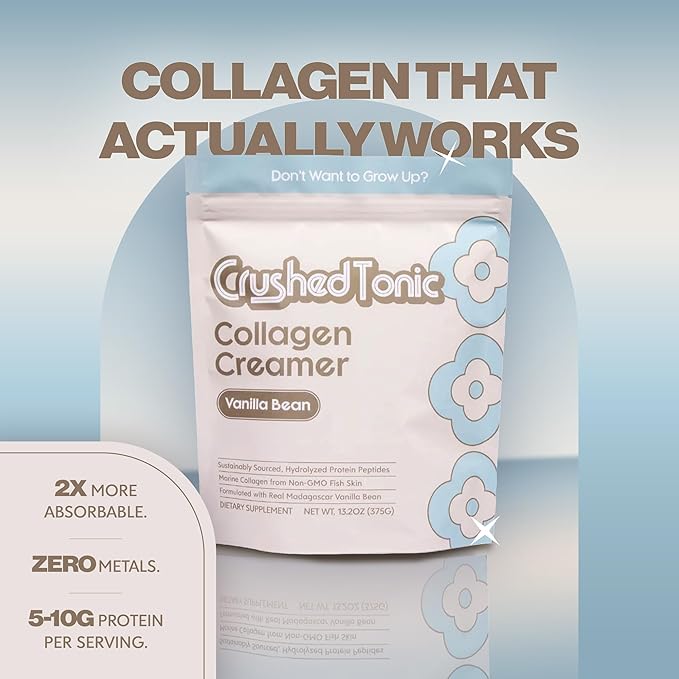 Crushed Tonic Korean Beauty Collagen Powder | Hydrolyzed Marine Collagen Peptides for Skin Glow Hair &amp Nails | Mix in Coffee | Gluten-Free Halal &amp Kosher (Vanilla Bean 30 Servings (150 g)