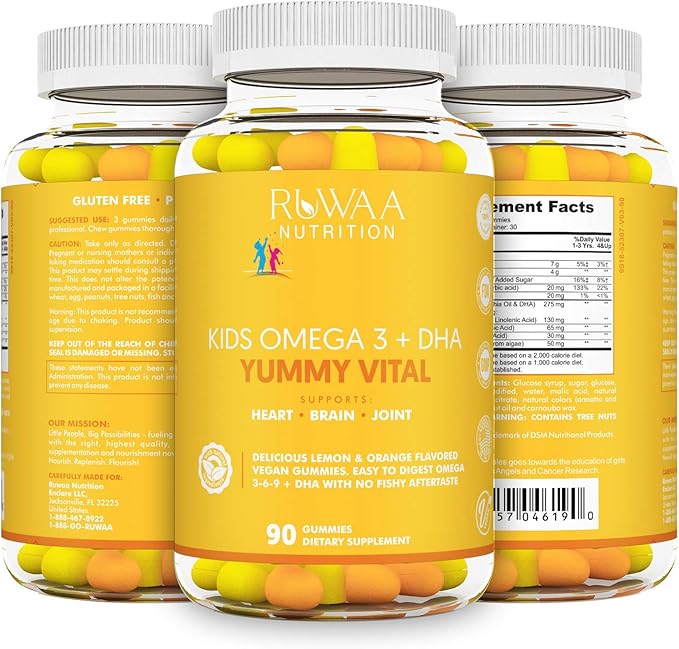 RUWAA NUTRITION Vegan Omega 3 Fatty Acid Supplements. Fish Oil Gummies DHA Kids Supplement with Vitamin C. Children's Heart Health Cognitive Development Attention Vision &amp Behavior. 270ct (3)