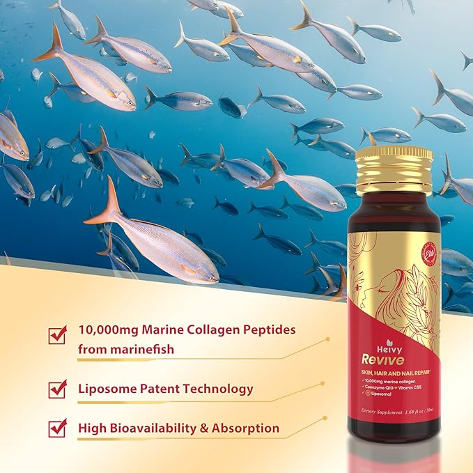 Heivy Marine Liquid Collagen for Women 10000mg 133% Higher Absorption CoQ10 Biotin Vitamins USA GMP 3rd Party Tested Non-GMO Gluten Free 50mL 10 Bottles
