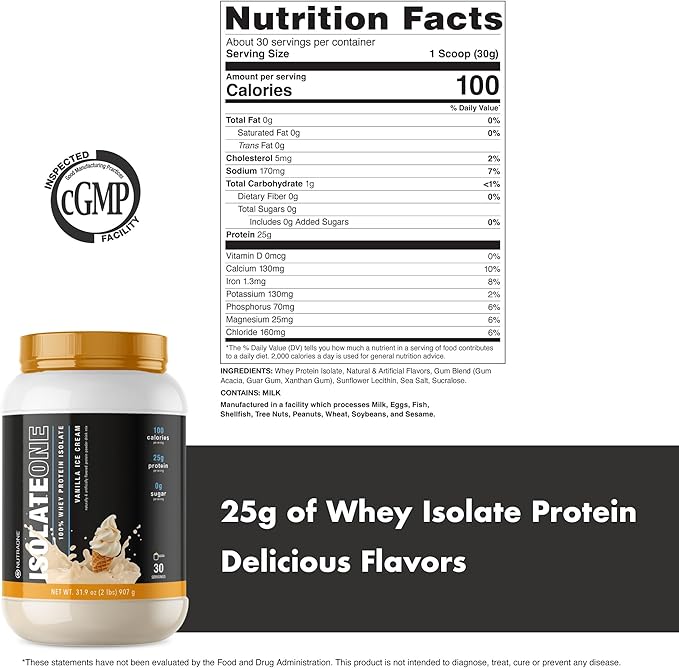 NutraOne IsolateOne Whey Protein Isolate Powder 100% Pure Whey Isolate Powder (Vanilla Ice Cream - 2 lbs.)