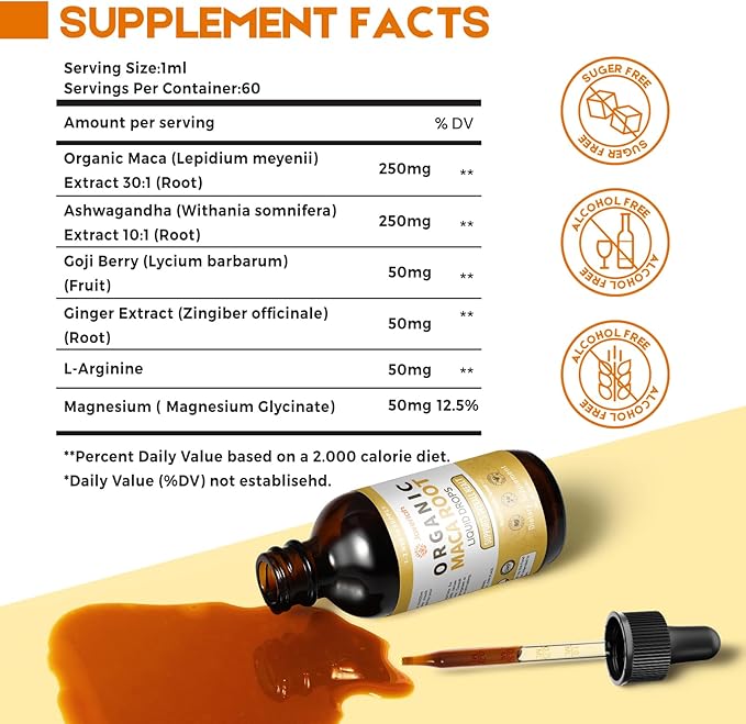 Organic Maca Root Liquid Drops with AshwagandhaGoji BerryGingerMagnesium and L-Arginine for Women and MenAshwagandha Maca Root Supplements Tincture 4 Fl Oz 2 Pack