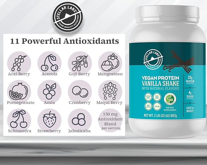 Stellar Labs Vegan Protein Powder with BCAA's &amp Antioxidants | Certified Low FODMAP Non GMO Gluten Free Soy Free Low Carb with Stevia | Lean Plant Based Protein Powder Shakes | Vanilla