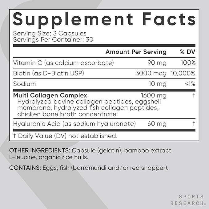 Sports Research® Biotin-Infused Collagen Peptides Complex with Hyaluronic Acid – 5 Multi Collagen Types for Hair Skin &amp Joint Support* - Gluten Free · Non-GMO · 90 Capsules