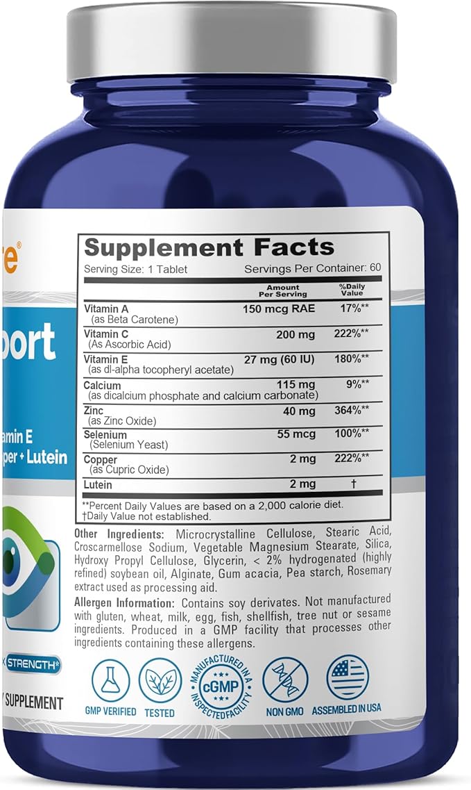 NusaPure Vision Support Nutrients with Vitamin A C E Calcium Zinc Selenium Copper Lutein 60 Tablets Non-GMO Dietary Supplement