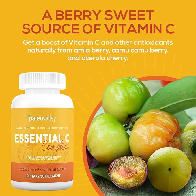 Paleovalley Organic Turmeric Complex + Essential C Complex Bundle – Full Spectrum Turmeric + Whole-Food Vitamin C – Joint Immune &amp Antioxidant Support – 56 Veg Capsules + 450mg Essential C
